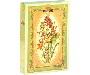 Basilur Love Story Volume I - zielona herbata z dodatkiem niebieskiego chabru, krokoszu barwierskiego i naturalnego aromatu bergamotki.