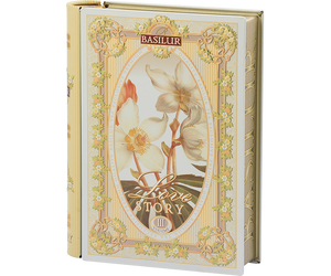 Basilur Love Story Volume III - zielona herbata cejlońska skomponowana ze starannie wyselekcjonowanych listków z szarłatem oraz aromatem ananasa i kokosa. Zdobiona puszka w kształcie książki.
