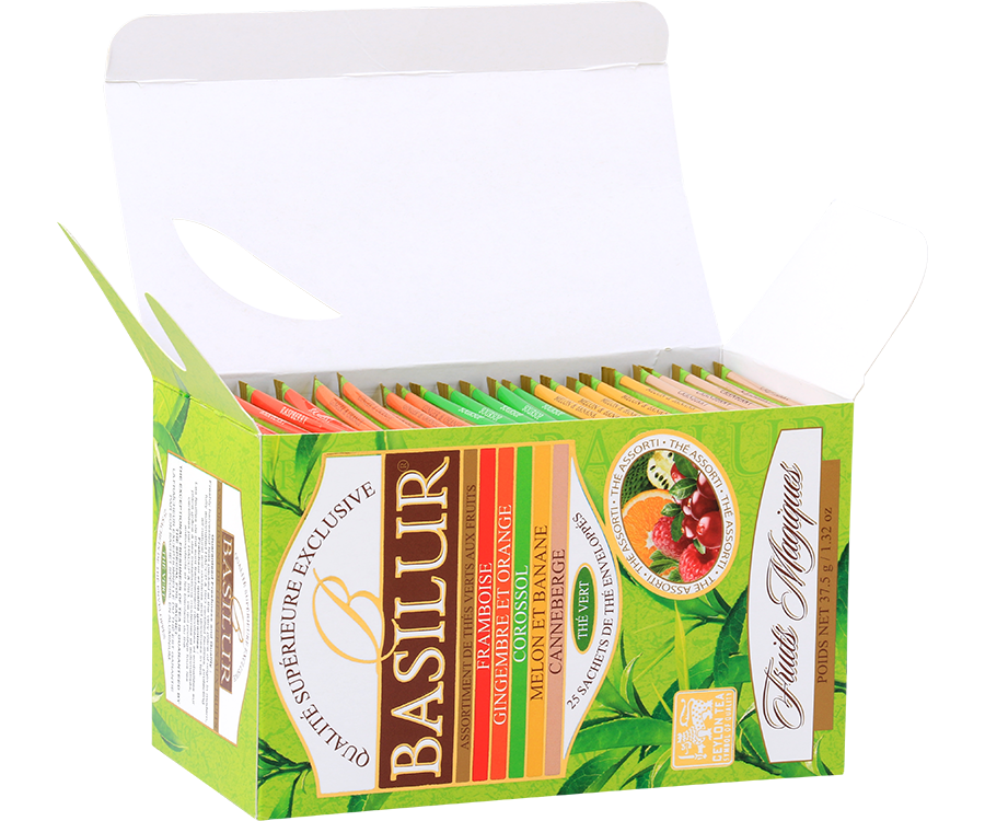Basilur Magic Fruits Assorted Green - zestaw 5 smaków herbat cejlońskich w ozdobnym, zielonym pudełku z logo Basilur. 25 torebek w opakowaniu.