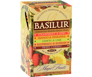 Basilur Magic Fruits Assorted Black - zestaw 5 smaków czarnej herbaty cejlońskiej z owocowymi dodatkami. 25 torebek w kopertach w ozdobnym pudełku z logo Basilur.