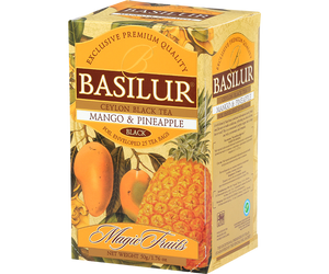 Basilur Mango & Pineapple - czarna herbata cejlońska z dodatkiem naturalnego aromatu mango i ananasa. Ozdobne opakowanie z owocowym motywem.