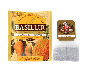 Basilur Mango & Pineapple - czarna herbata cejlońska z dodatkiem naturalnego aromatu mango i ananasa. Ozdobne opakowanie z owocowym motywem.