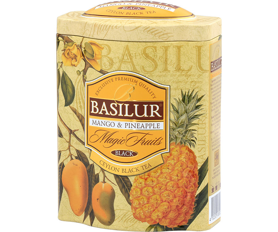 Basilur Mango & Pineapple - czarna herbata cejlońska z dodatkiem ananasa, mango, skórki pomarańczy, chabru oraz aromatu mango, ananasa i marakui. Ozdobna puszka z owocowym motywem.