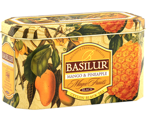 Basilur Mango & Pineapple - czarna herbata cejlońska z dodatkiem jabłka oraz aromatu mango, ananasa i marakui. Ozdobna puszka z owocowym motywem.
