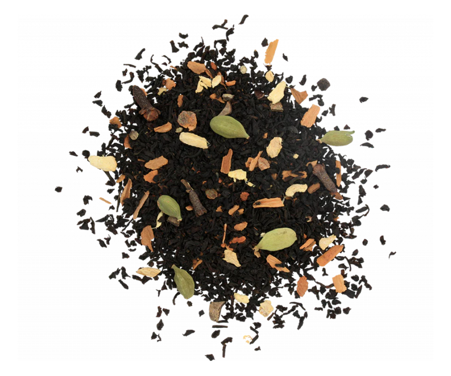 Basilur Masala Chai - liście czarnej herbaty cejlońskiej z dodatkiem kardamonu, goździków, cynamonu, imbiru, gałki muszkatołowej i pieprzu. 