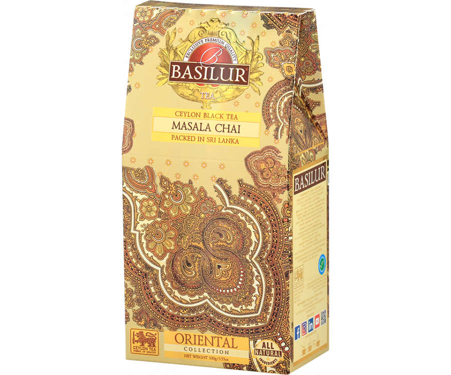Basilur Masala Chai - czarna herbata cejlońska z dodatkiem kardamonu, goździków, cynamonu, imbiru, gałki muszkatołowej i pieprzu. Złote pudełko z orientalnym motywem.