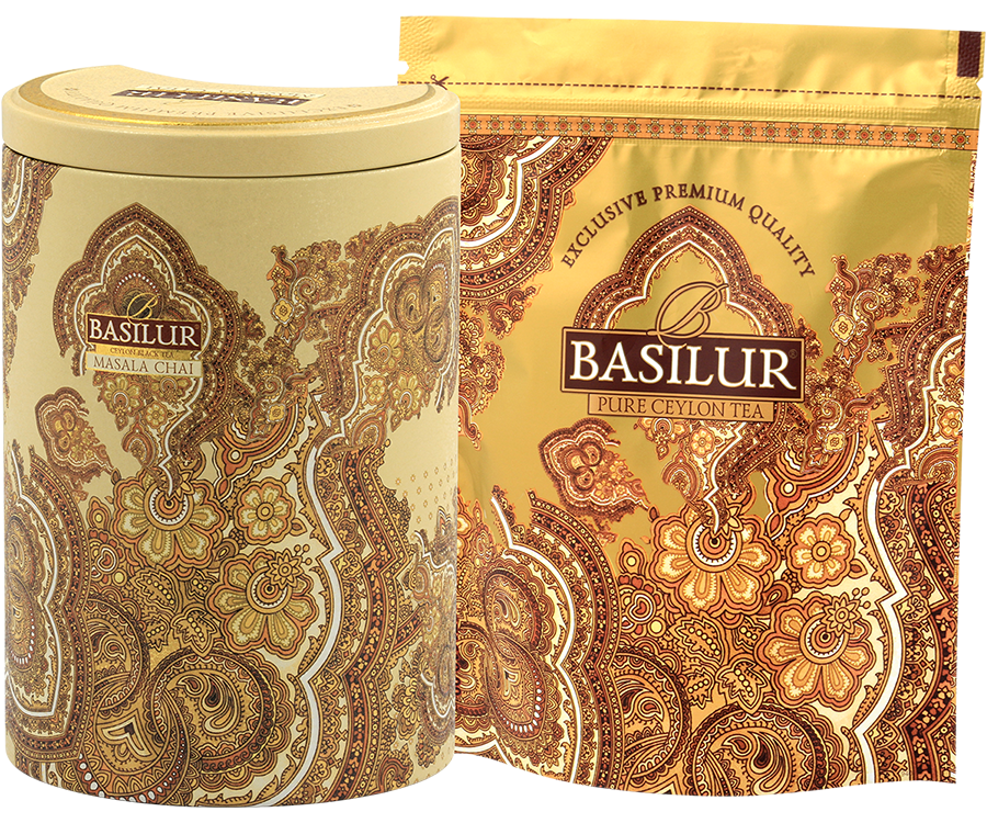 Basilur Masala Chai - czarna herbata cejlońska z kardamonem, goździkami, imbirem, gałką muszkatołową i pieprzem w puszce.