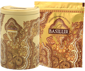Basilur Masala Chai - czarna herbata cejlońska z kardamonem, goździkami, imbirem, gałką muszkatołową i pieprzem w puszce.