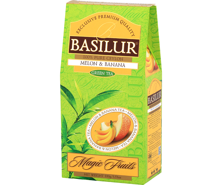 Basilur Melon & Banana - zielona herbata cejlońska z dodatkiem owoców mango, słonecznika oraz aromatu banana i melona. Zielone opakowanie z grafiką owoców.