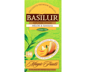 Basilur Melon Banana - zielona herbata cejlońska z aromatem melona i banana. 25 torebek w ozdobnym, zielonym pudełku z logo Basilur.