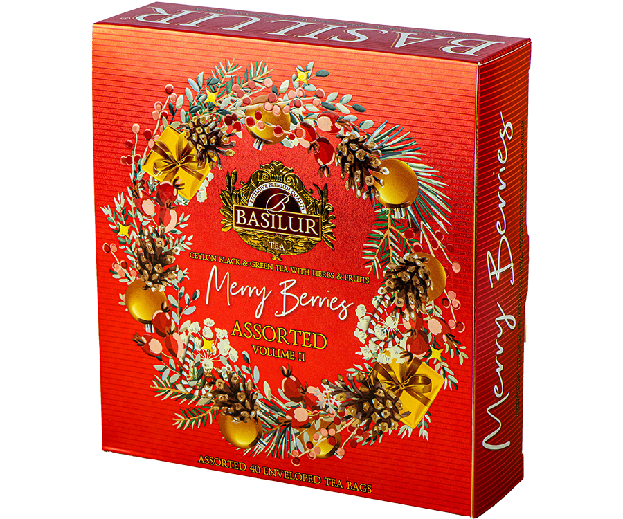 Basilur Merry Berries Vol II - prezentowy zestaw herbat cejlońskich w eleganckim, papierowym ekspozytorze, ozdobiony świątecznym motywem. Ozdobne pudełko ze świątecznym motywem w kolorze czerwonym.