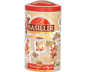 Basilur Merry Christmas - czarna herbata cejlońska z dodatkiem jabłka, krokoszu barwierskiego oraz aromatu imbiru i wanilii. Ozdobna puszka ze świątecznym motywem.