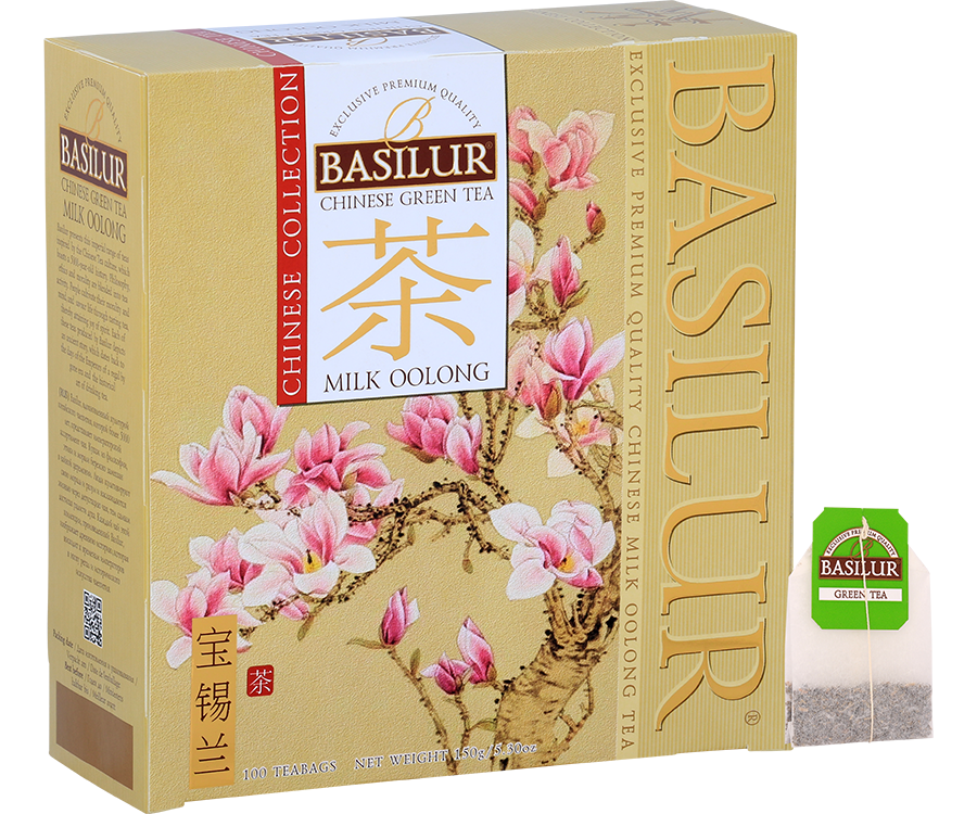 Basilur Milk Oolong - zielona herbata cejlońska oraz zielona herbata oolong z dodatkiem aromatu mleka. Kremowe pudełko z motywem magnolii.
