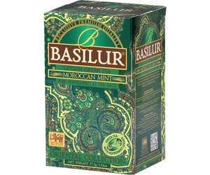 Basilur Moroccan Mint - ekspresowa, cejlońska herbata zielona z dodatkiem mięty pieprzowej i naturalnego aromatu marokańskiej mięty . Ozdobne, zielone pudełko z orientalnym motywem.