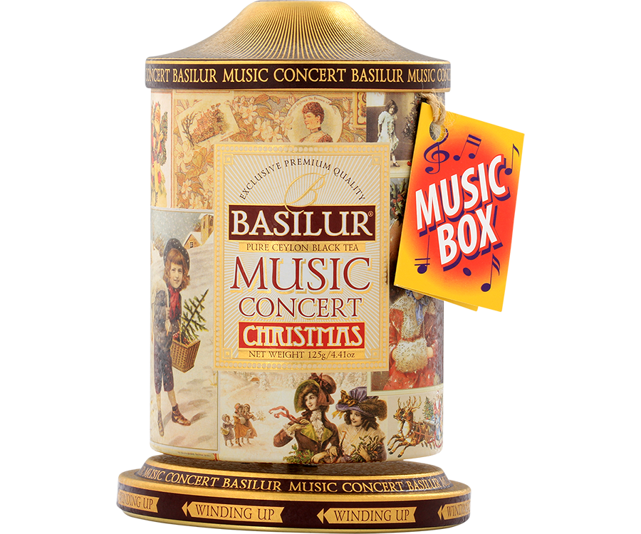 Basilur Music Concert Christmas - czarna herbata cejlońska z dodatkiem ananasa, imbiru, chabru, niebieskiej malwy oraz aromatu jabłka i pomarańczy. Puszka z świąteczną grafiką, która w rzeczywistości jest pozytywką wygrywającą melodie.