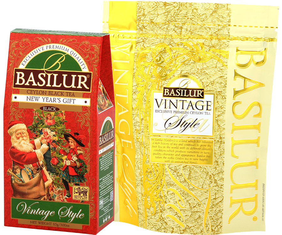 Basilur New Year's Gift - czarna herbata cejlońska z dodatkiem wiśni, krokosza barwierskiego oraz aromatu wiśni i słodkich migdałów. Czerwone pudełko ze świątecznym motywem.
