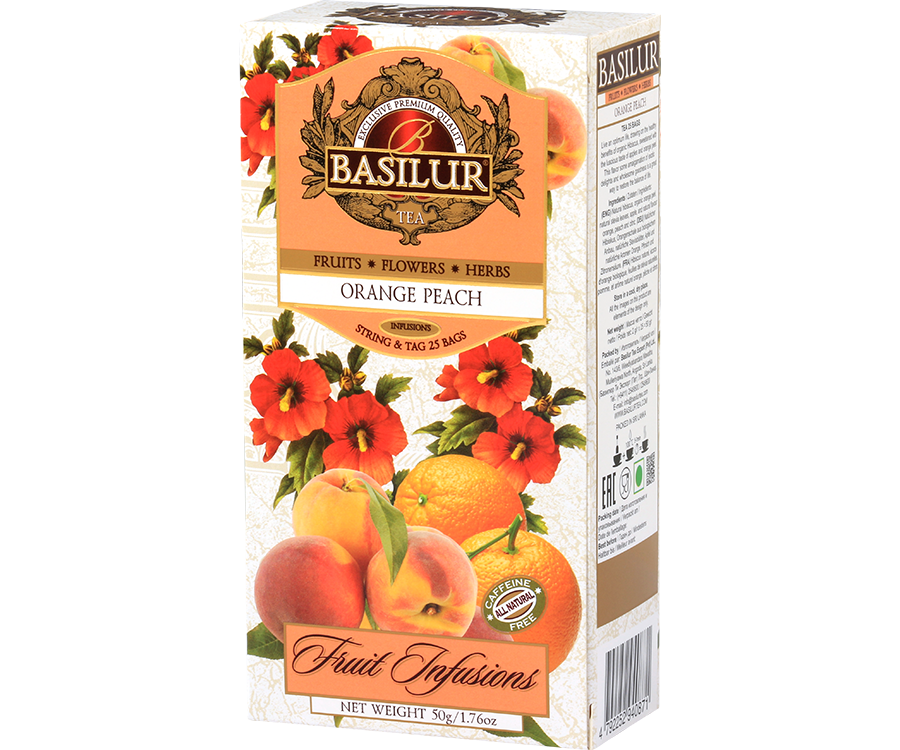 Basilur Orange Peach - owocowa herbata bezkofeinowa z dodatkiem hibiskusa, liści stewii, jabłka, skórki pomarańczy oraz aromatu pomarańczy, brzoskwini i cytryny. Ozdobne opakowanie z owocowo-kwiatowym motywem.