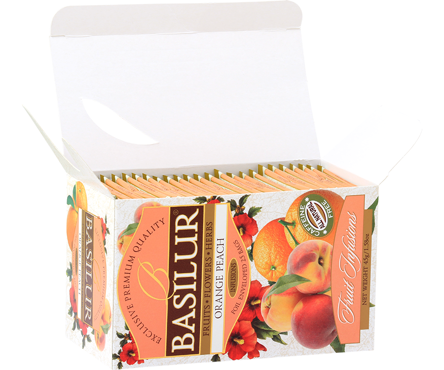 Basilur Orange Peach - owocowa herbata bezkofeinowa z dodatkiem hibiskusa, cykorii, pomarańczy, jeżyny oraz aromatu pomarańczy i brzoskwini. Ozdobne opakowanie z owocowym motywem.