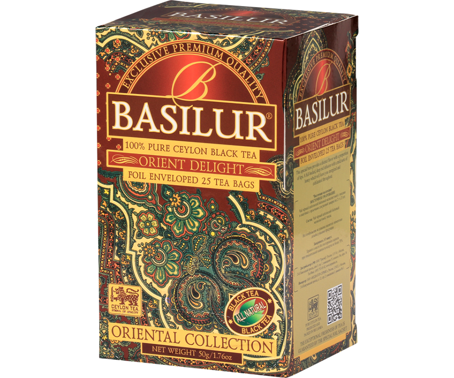 Basilur Orient Delight - czarna herbata cejlońska w torebkach. Ciemnobordowe, ozdobne pudełko z orientalnym motywem.