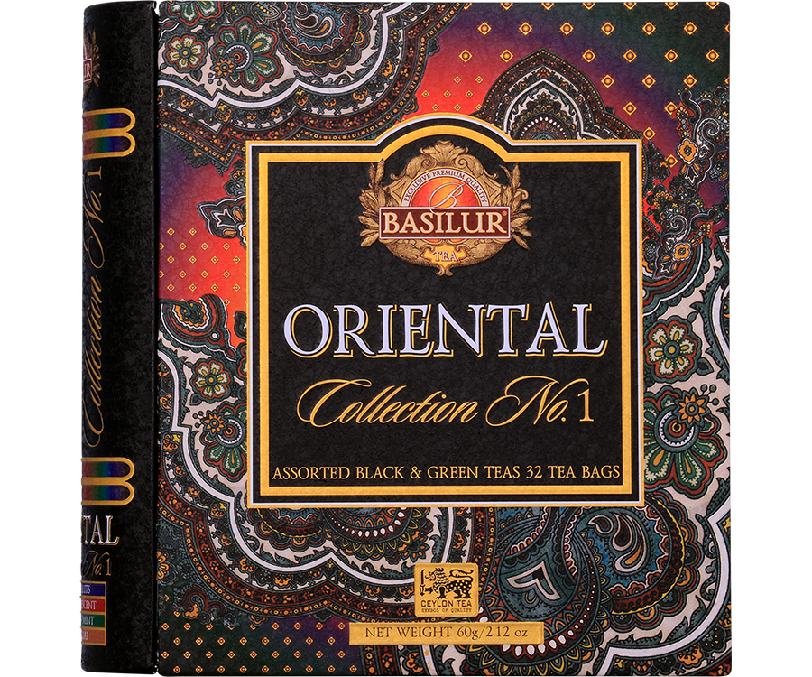 Basilur Oriental Collection Assorted - zestaw 4 smaków herbat cejlońskich w  torebkach kopertowych. Ozdobna puszka w kształcie książki z orientalnym motywem i logo Basilur.
