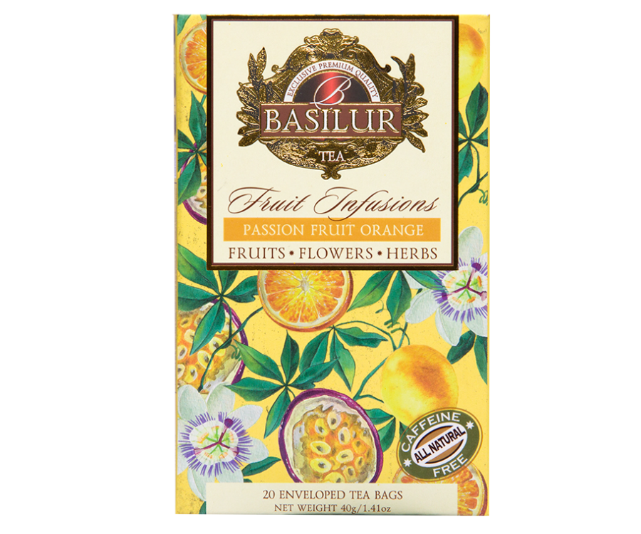 Basilur Passion Fruit Orange - herbata bezkofeinowa z marakują, mandarynką i cytrusami zapakowana pojedynczo w ozdobne koperty. Ozdobne pudełko z owocowym motywem.