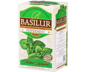 Basilur Peppermint - ziołowa herbata z suszonych liści mięty pieprzowej. Ozdobne opakowanie z roślinną grafiką.