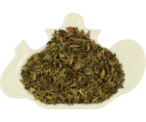 Basilur Peppermint - ziołowa herbata skomponowana ze starannie wyselekcjonowanych liści mięty pieprzowej. Opakowanie z roślinnym motywem.