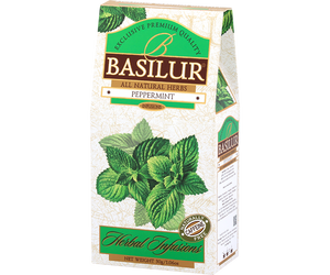 Basilur Peppermint - ziołowa herbata skomponowana ze starannie wyselekcjonowanych liści mięty pieprzowej. Opakowanie z roślinnym motywem.