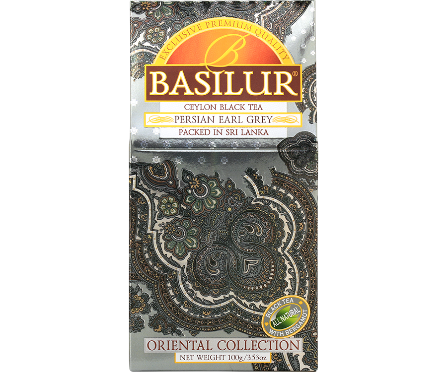 Basilur Persian Earl Grey - czarna herbata cejlońska z naturalnym aromatem bergamotki. Ozdobne, srebrne pudełko z orientalnym motywem.
