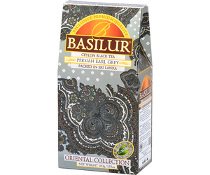 Basilur Persian Earl Grey - czarna herbata cejlońska z naturalnym aromatem bergamotki. Ozdobne, srebrne pudełko z orientalnym motywem.