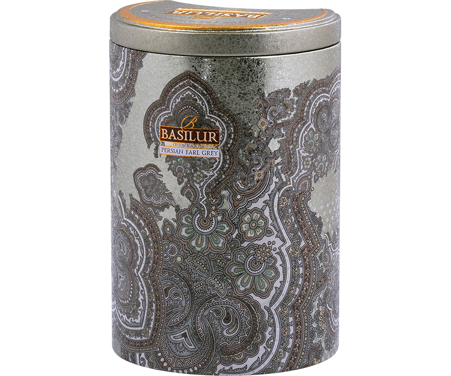 Basilur Persian Earl Grey - czarna herbata cejlońska z dodatkiem naturalnego aromatu bergamotki. Ozdobna, srebrna puszka z orientalnym motywem.