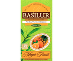 Basilur Pineapple & Orange - zielona herbata cejlońska ze starannie wyselekcjonowanych liści z dodatkiem aromatu ananasa i pomarańczy. Zielone opakowanie z grafiką owoców.