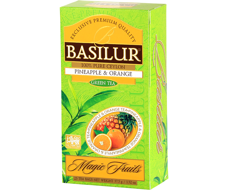 Basilur Pineapple & Orange - zielona herbata cejlońska ze starannie wyselekcjonowanych liści z dodatkiem aromatu ananasa i pomarańczy. Zielone opakowanie z grafiką owoców.