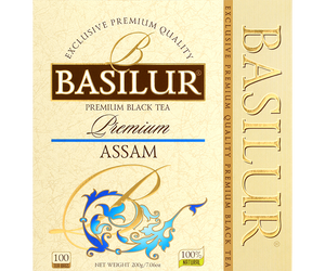 Basilur Assam Premium - czarna herbata indyjska bez dodatków. Ozdobne opakowanie z niebieskimi akcentami.