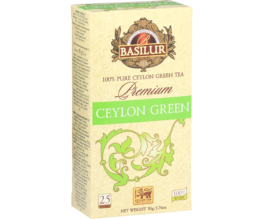 Basilur Ceylon Green Premium - zielona herbata cejlońska bez dodatków. Ozdobne opakowanie z zielonymi akcentami.