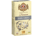 Basilur Earl Grey Premium - czarna herbata cejlońska z dodatkiem naturalnego aromatu bergamotki. Ozdobne opakowanie z szarymi akcentami.
