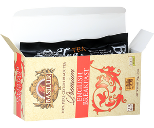 Basilur English Breakfast Premium - czarna herbata cejlońska skomponowana z równomiernie i równo pociętych liści bez dodatków. Ozdobne opakowanie z czerwonymi akcentami. 