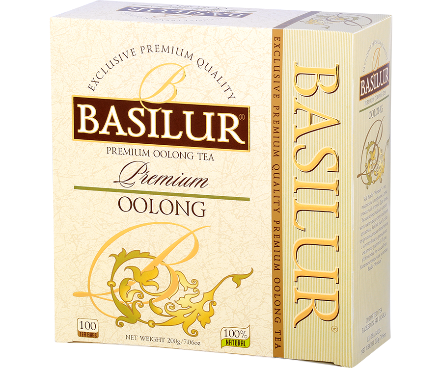 Basilur Oolong Premium - chińska herbata oolong bez dodatków. Ozdobne opakowanie ze złotymi akcentami.