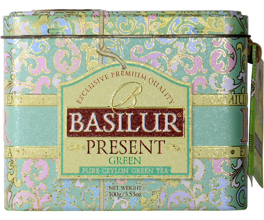 Basilur Present Green - zielona herbata cejlońska z dodatkiem truskawki, płatków czerwonej róży oraz naturalnego aromatu żurawiny i truskawki. Zdobiona puszka przypominająca szkatułkę.
