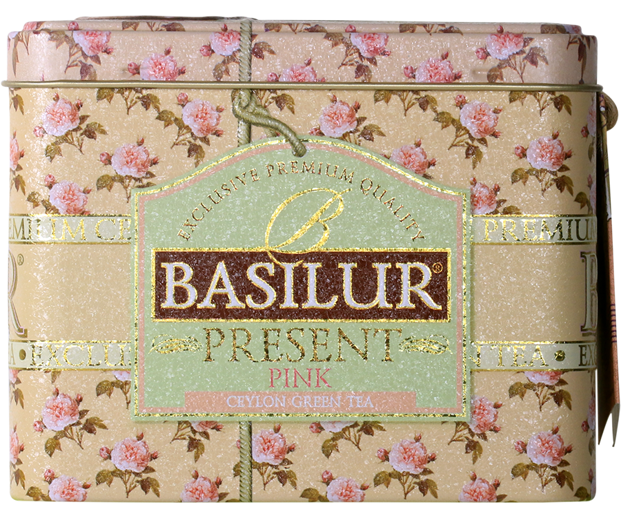 Basilur Present Pink - zielona herbata cejlońska z dodatkiem pąków jaśminu, ananasa, owoców dzikiej róży, mango oraz aromatu truskawki. Zdobiona puszka przypominająca szkatułkę.