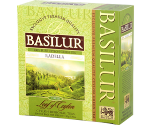 Basilur Radella Green - zielona wielkolistna herbata cejlońska bez dodatków pochodząca z regionu Radella na Sri Lance. Zielone pudełko z motywem plantacji.