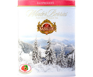 Basilur Raspberries - czarna herbata cejlońska z dodatkiem malin, chabru, owoców róży oraz aromatem malin. Biała puszka z zimowym motywem.
