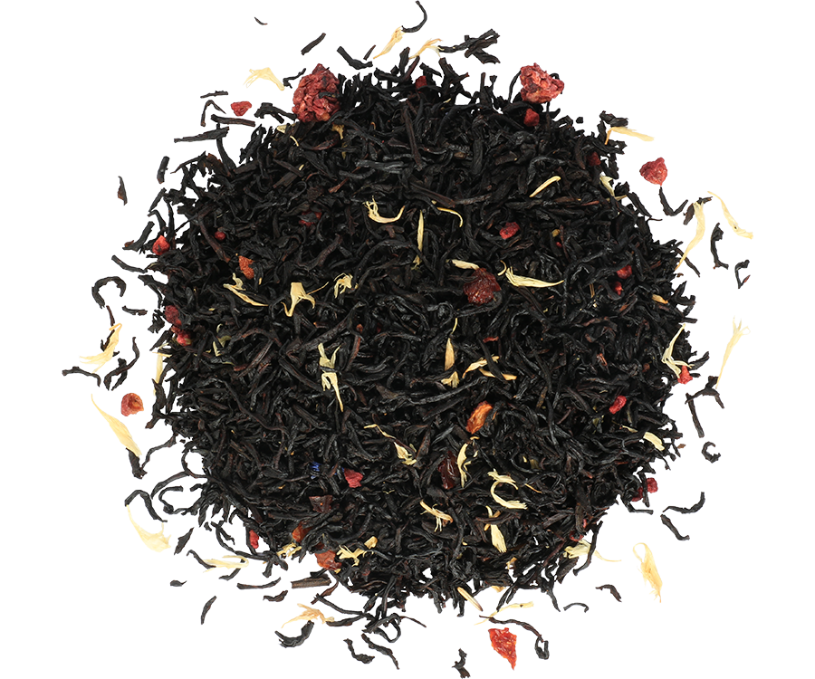 Basilur Raspberries - czarna herbata cejlońska z dodatkiem malin, chabru, owoców róży oraz aromatem malin. Biała puszka z zimowym motywem.