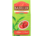 Basilur Raspberry - zielona herbata cejlońska skomponowana z młodych listków Young Hyson z dodatkiem jagód goji, papai oraz naturalnym aromatem malinowym. Zielone opakowanie z grafiką owoców.