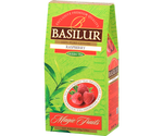Basilur Raspberry - zielona herbata cejlońska skomponowana z młodych listków Young Hyson z dodatkiem jagód goji, papai oraz naturalnym aromatem malinowym. Zielone opakowanie z grafiką owoców.