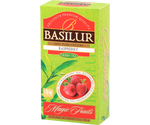 Basilur Raspberry - zielona herbata cejlońska z aromatem maliny. Zielone opakowanie z grafiką owoców.