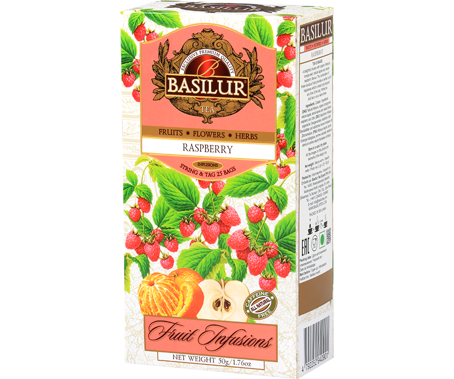 Basilur Raspberry - owocowa herbata bezkofeinowa z dodatkiem hibiskusa, liści stewii, jabłka, skórki pomarańczy oraz aromatu maliny i cytryny. Ozdobne opakowanie z owocowym motywem.