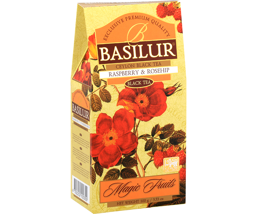 Basilur Raspberry & Rosehip - czarna herbata cejlońska z dodatkiem papai, owoców dzikiej róży, malin, nagietka, bławatka oraz naturalnym aromatem malin. Ozdobne opakowanie z kwiatowo-owocowym motywem.