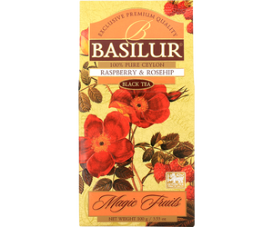 Basilur Raspberry & Rosehip - czarna herbata cejlońska z dodatkiem papai, owoców dzikiej róży, malin, nagietka, bławatka oraz naturalnym aromatem malin. Ozdobne opakowanie z kwiatowo-owocowym motywem.