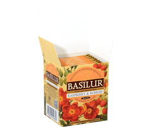 Basilur Raspberry & Rosehip - czarna herbata cejlońska z dodatkiem owoców dzikiej róży oraz aromatem malinowym. Ozdobne opakowanie z kwiatowo-owocowym motywem.